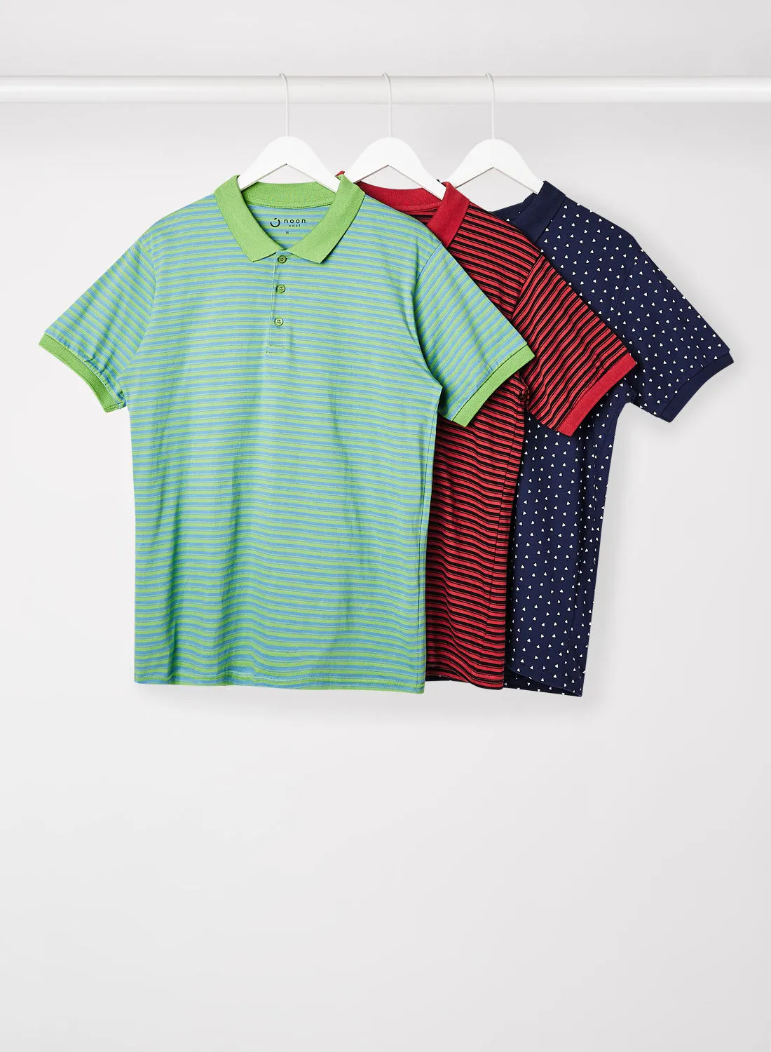 Noon East Men's Pack Of 3 Basic Striped collar Polo in Regular Fit Navy Blue/Sea Green/ Red