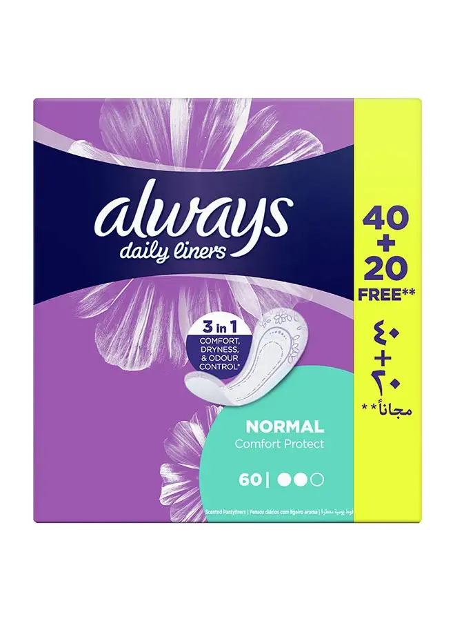 Always Comfort Protect Daily Liners, Normal And Unscented, 60 Piece