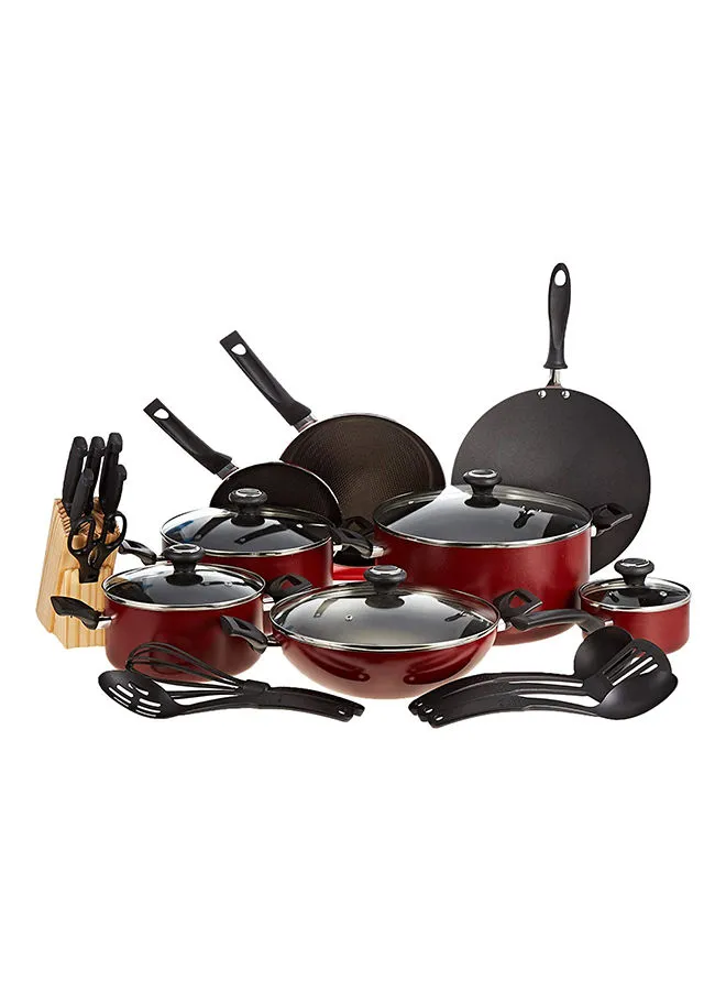 Prestige 25-Piece Aluminium Non-Stick Coating Durable Design Non-Slip Ergonomic Handle Kitchen Cookware Set Includes 1x Cookware (20 cm), 1x Casserole With Glass Lid (24 cm), 1x Casserole With Glass Lid (30 cm), 1x Casserole With Glass Lid (28 cm), 1x Wok With Glass Lid (14 cm), 1x Saucepan With Glass Lid (30 cm), 1x Concave Tawa (20 cm), 1x Fry Pan (26 cm), 4x Fry Pan, 5x Tool Set, 7x Knife With 