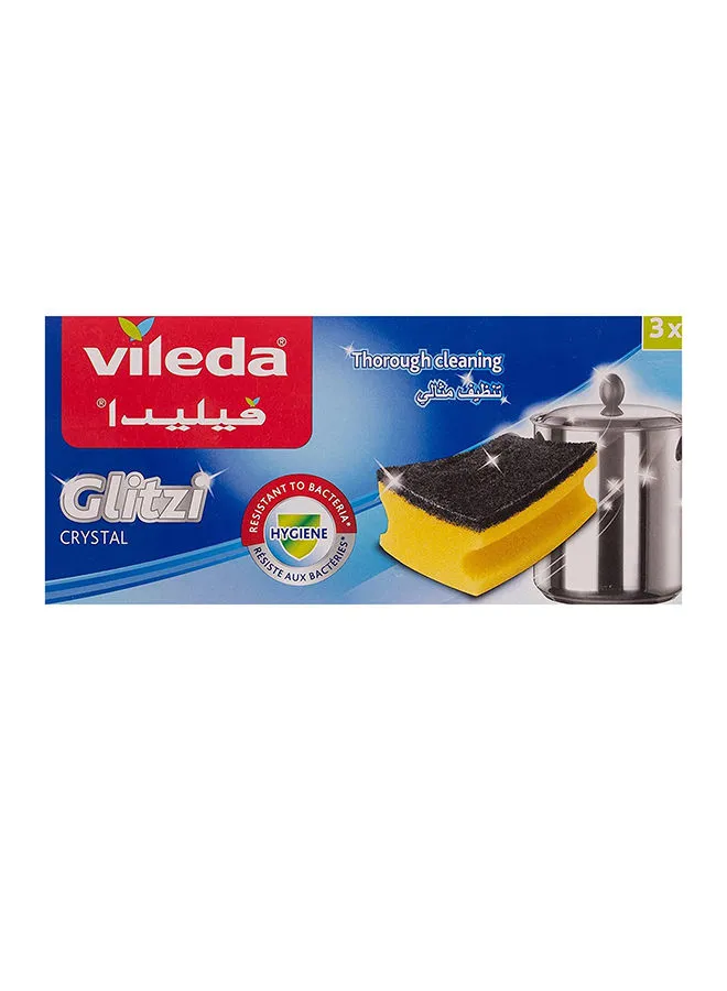 Vileda 3 Pieces Glitzi Crystal Scourer Sponge  Antibacterial Long Lasting Hygienic Yellow/Black