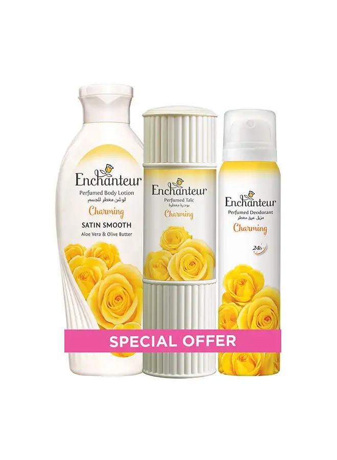 Enchanteur Charming Assorted Pack 250ml Lotion 125g Talc 150ml Deo معطر