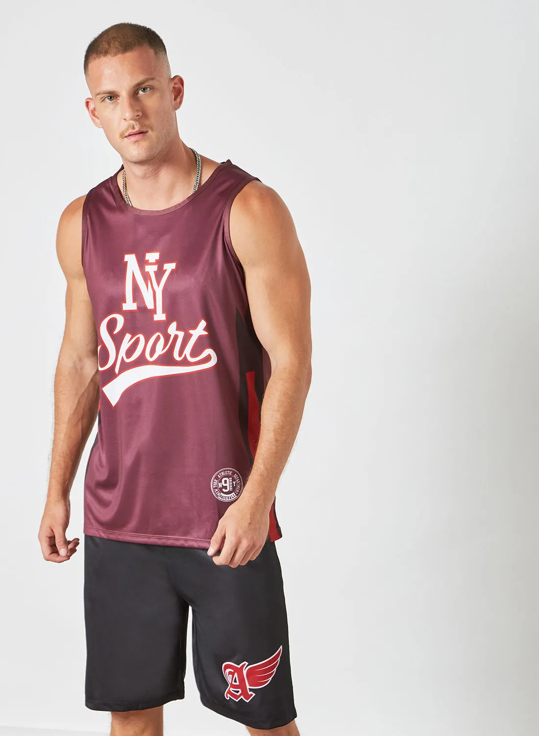 ABOF Basic Regular Fit Round Neck NY Sport Printed Vest Windsor Wine/White