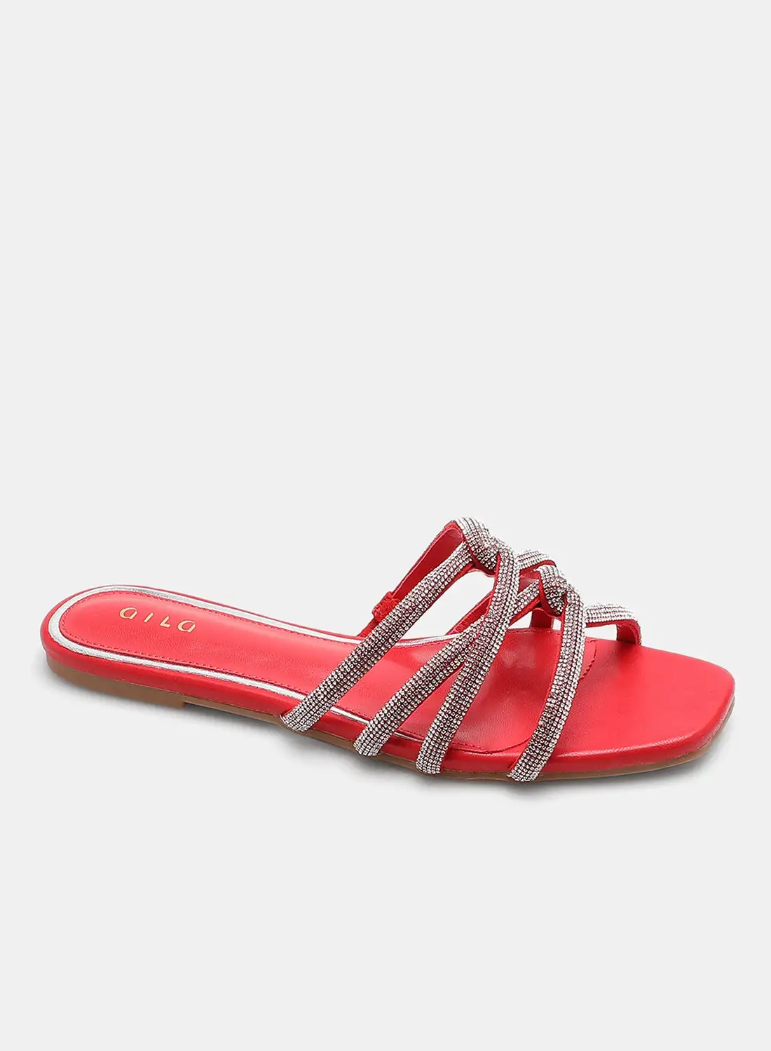 Aila Stone Embellished Strap Flat Sandals Red/Silver