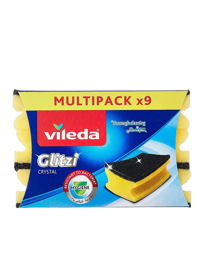 Vileda Glitzi Crystal Scourer Sponge 9 Pc, Antibacterial, Long Lasting, Hygienic - Yellow And Black (9 Pc Per Pack) Light yellow