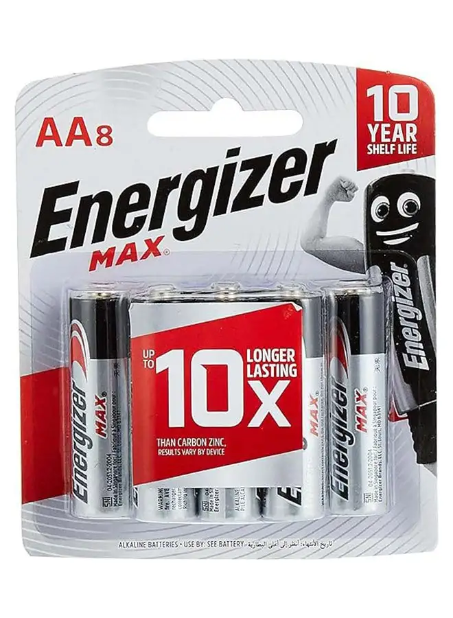 Energizer Energizer Max Alkaline AA Batteries - Pack Of 8 Silver/Black