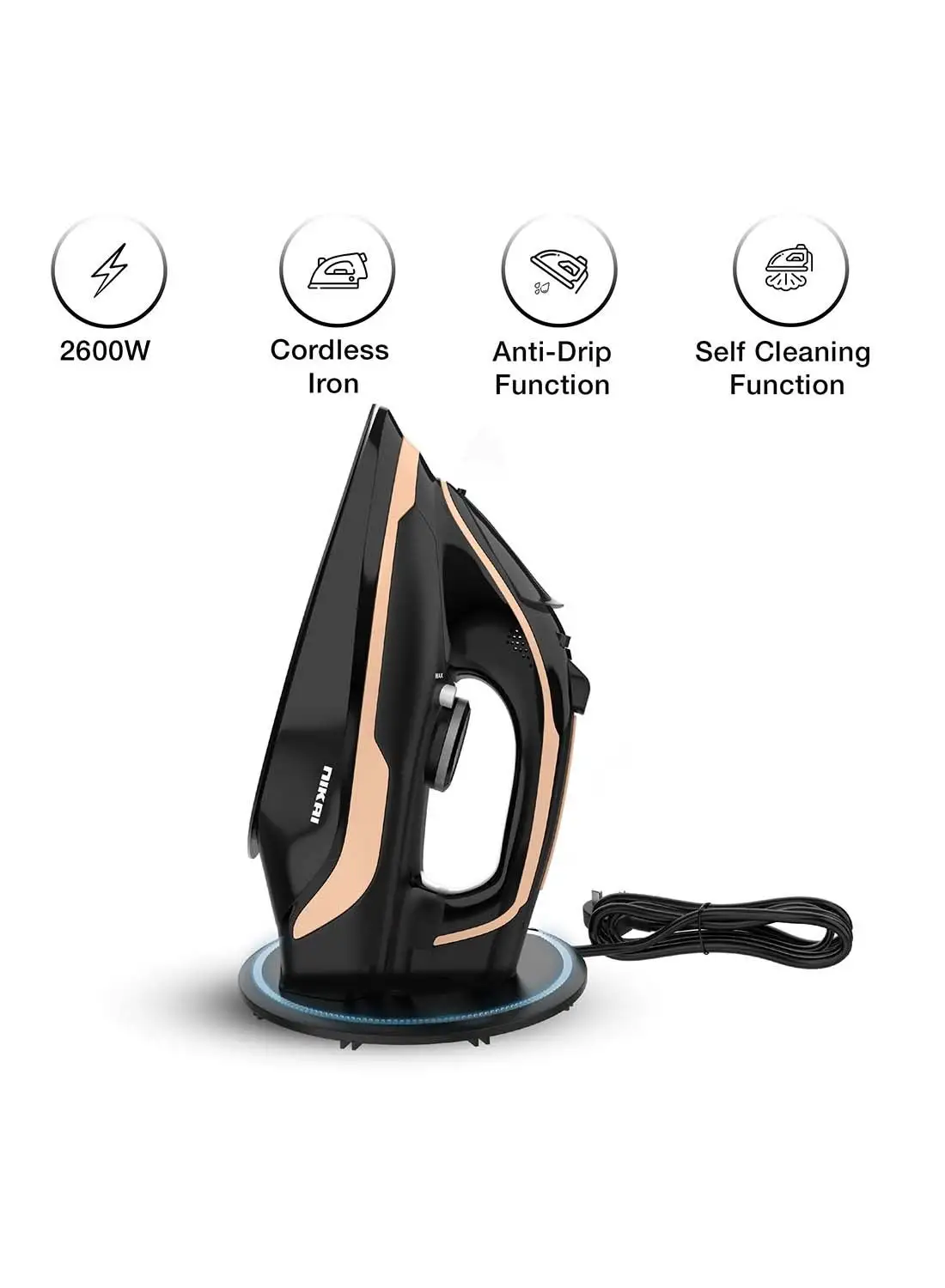 NIKAI Cordless Steam Iron, Non-Stick Soleplate, Vertical Steam, Adjustable Thermostat, Self-Clean Function, Steam Control, Overheat Protection, 360° Charging Base, Indicator Light 0.01 L 2600 W NSI456C1 Black