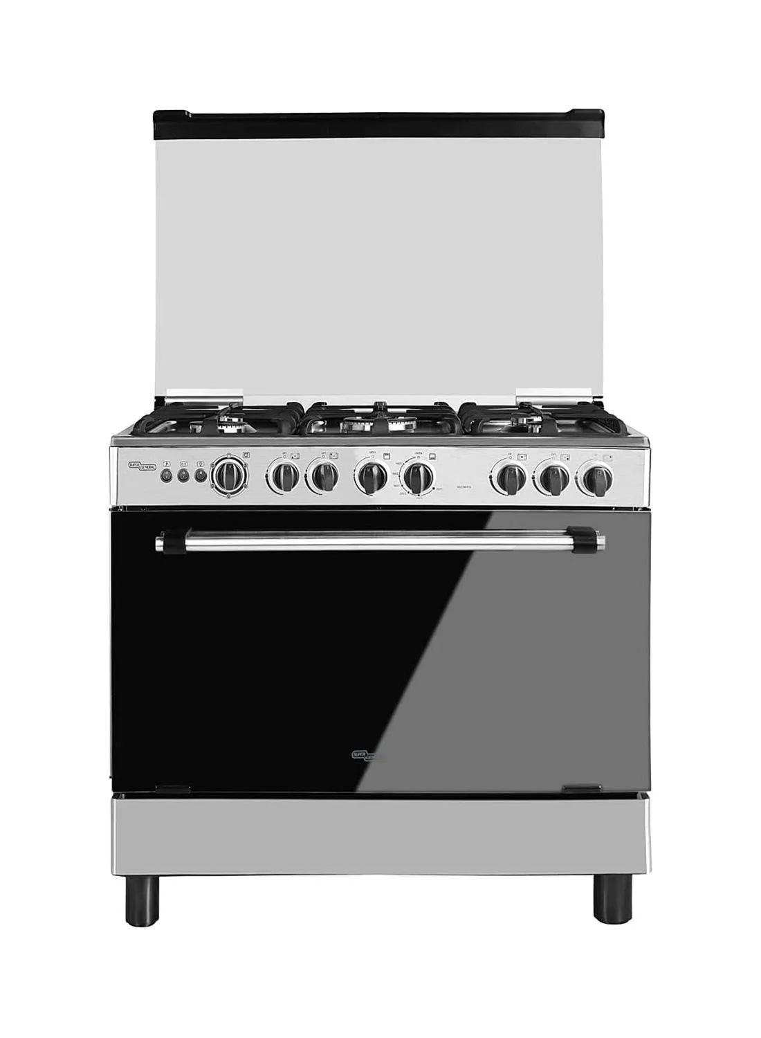 SUPER GENERAL 5 Burner Gas Cooker 90 x 60 Cm, Gas Oven With Thermostat, Rotisserie, Full Safety, Auto Ignition SGC901FS Silver/Black