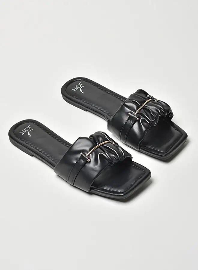 Jove Ruched Broad Strap Slip-On Flat Sandals Black