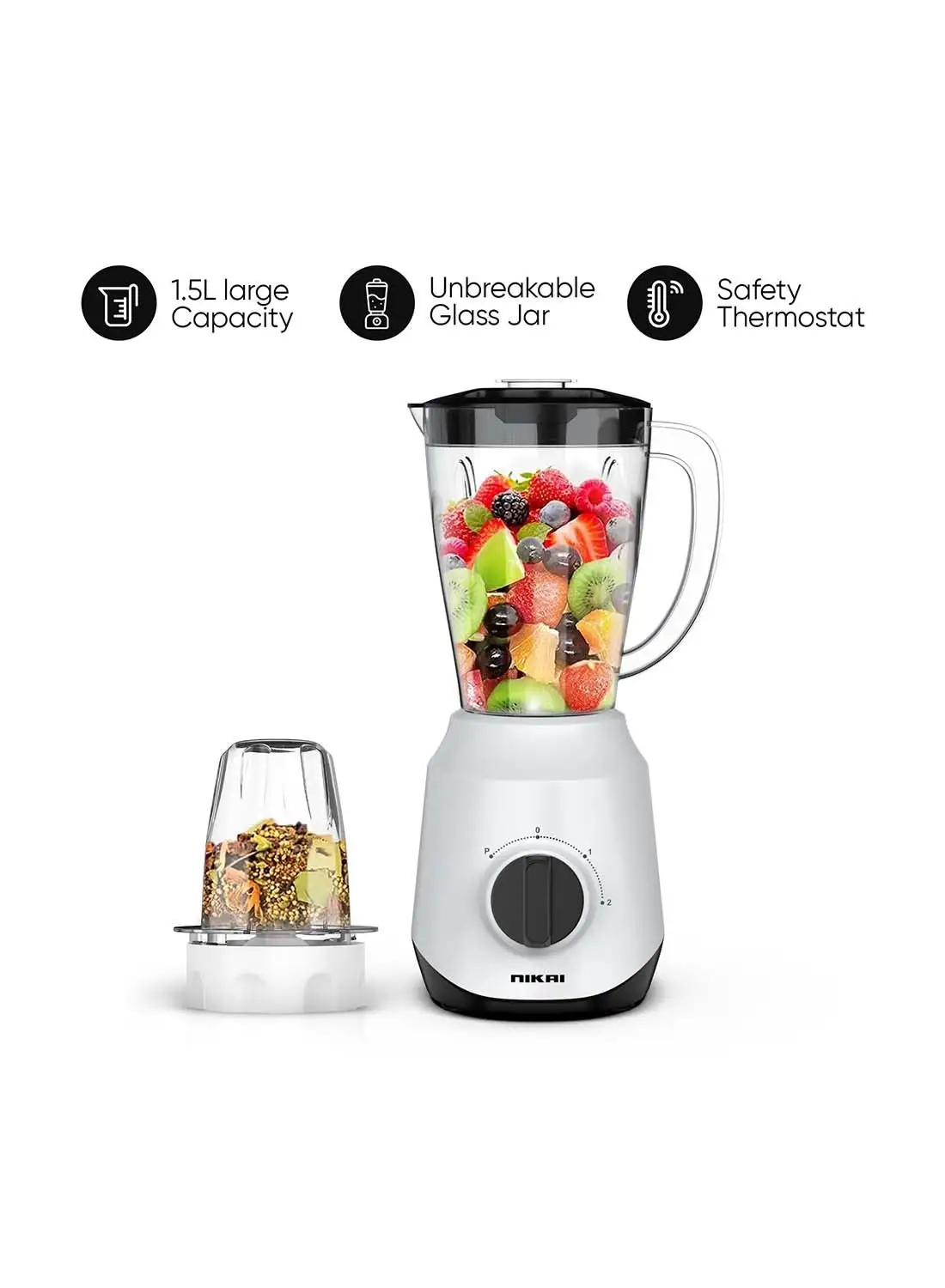 NIKAI 2-In-1 Blender 1.5 L Unbreakable Pc Jar, 3 Speeds, Stainless Blades, Easy To Clean Detachable Parts, Perfect For Blending And Grinding 1.5 L 400 W NB2511AX White