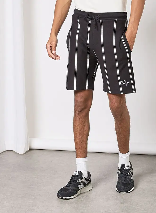 R&B Slim Fit Striped Shorts Black