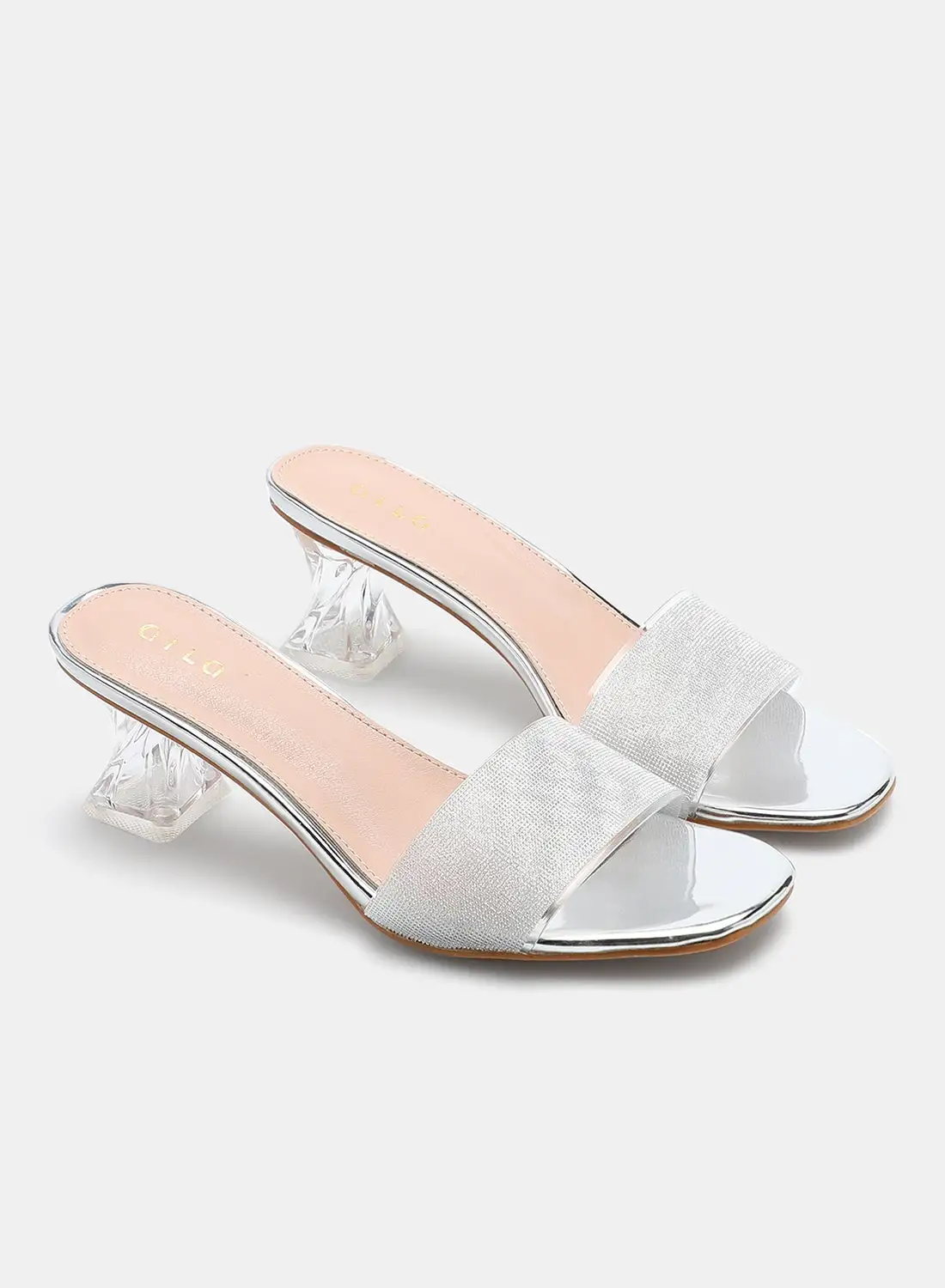 Aila Broad Strap Slip-On Heeled Sandals Silver