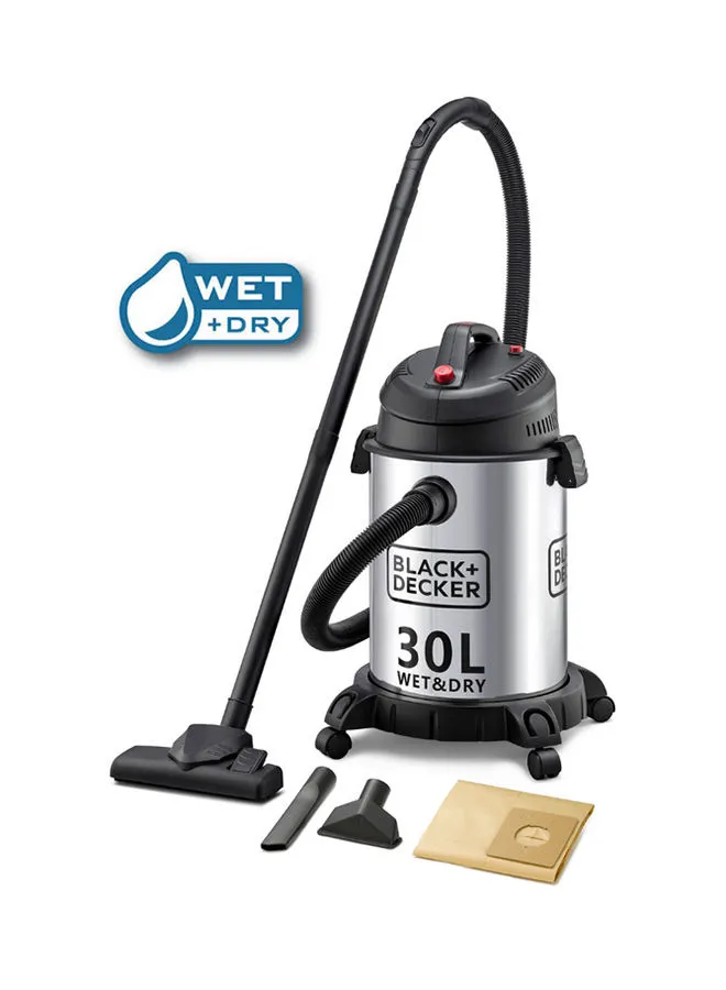 BLACK+DECKER Canister Stainless Steel Vacuum Cleaner With Wet And Dry Function 30 L 1610 W WV1450-B5 Silver/Black