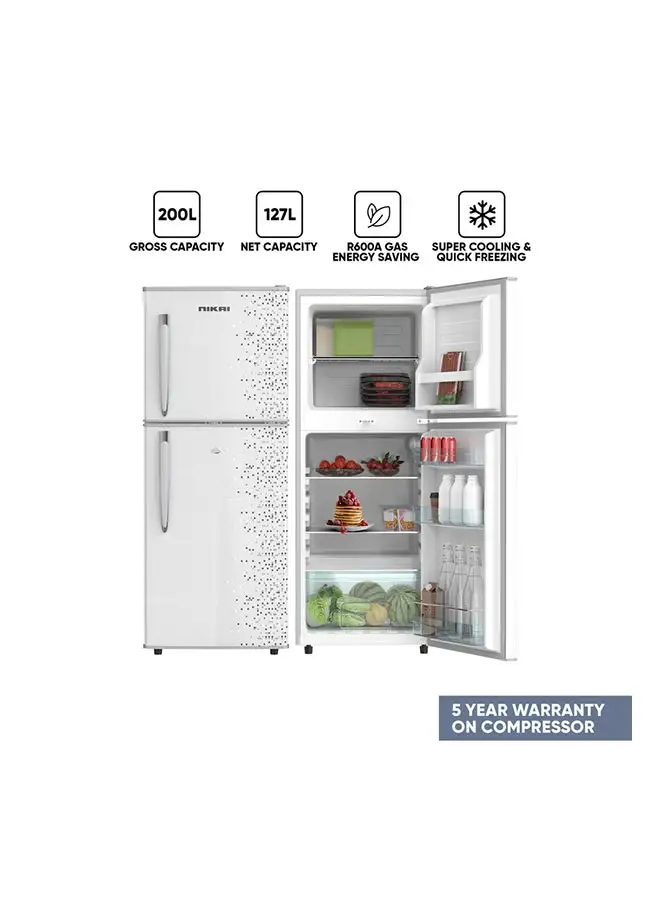 NIKAI 200L Gross / 127L Net, Double Door Refrigerator, Adjustable Glass Shelves, Convenient Defrosting, Temperature Control, Energy Saving R600A Gas, Silent Operation, Ideal For Home, Office And Hotels 313 kW NRF200DN3M Grey