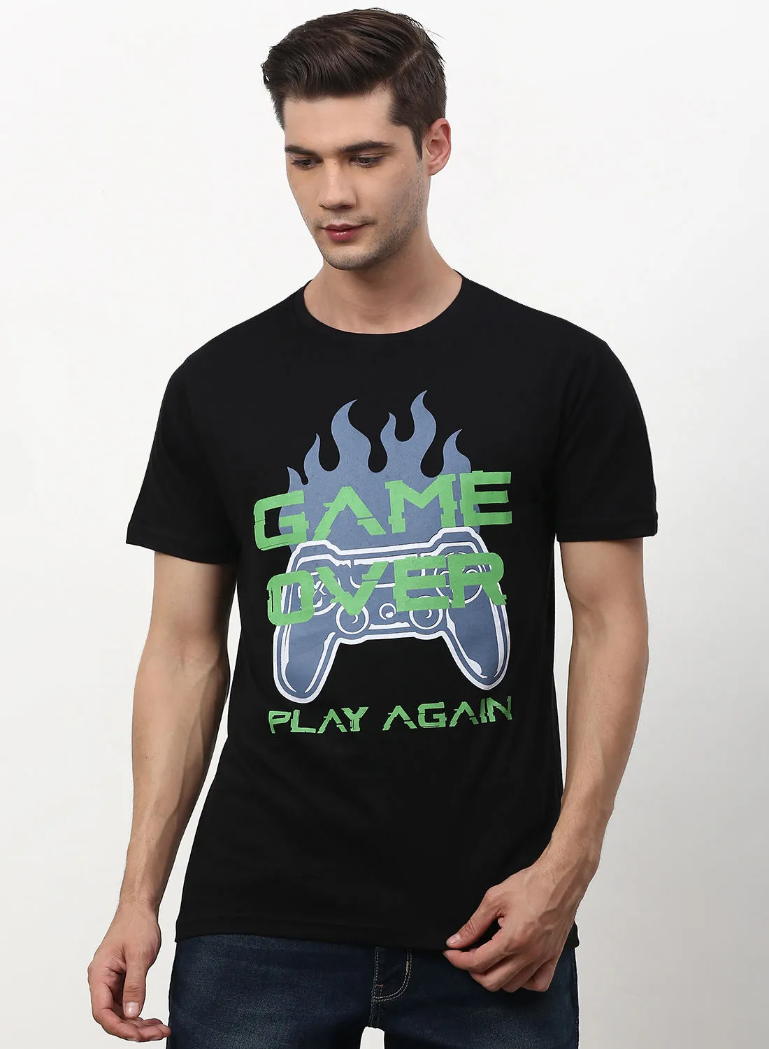 ABOF Game Over Play Again Printed Crew Neck T-Shirt Dark Jade Black