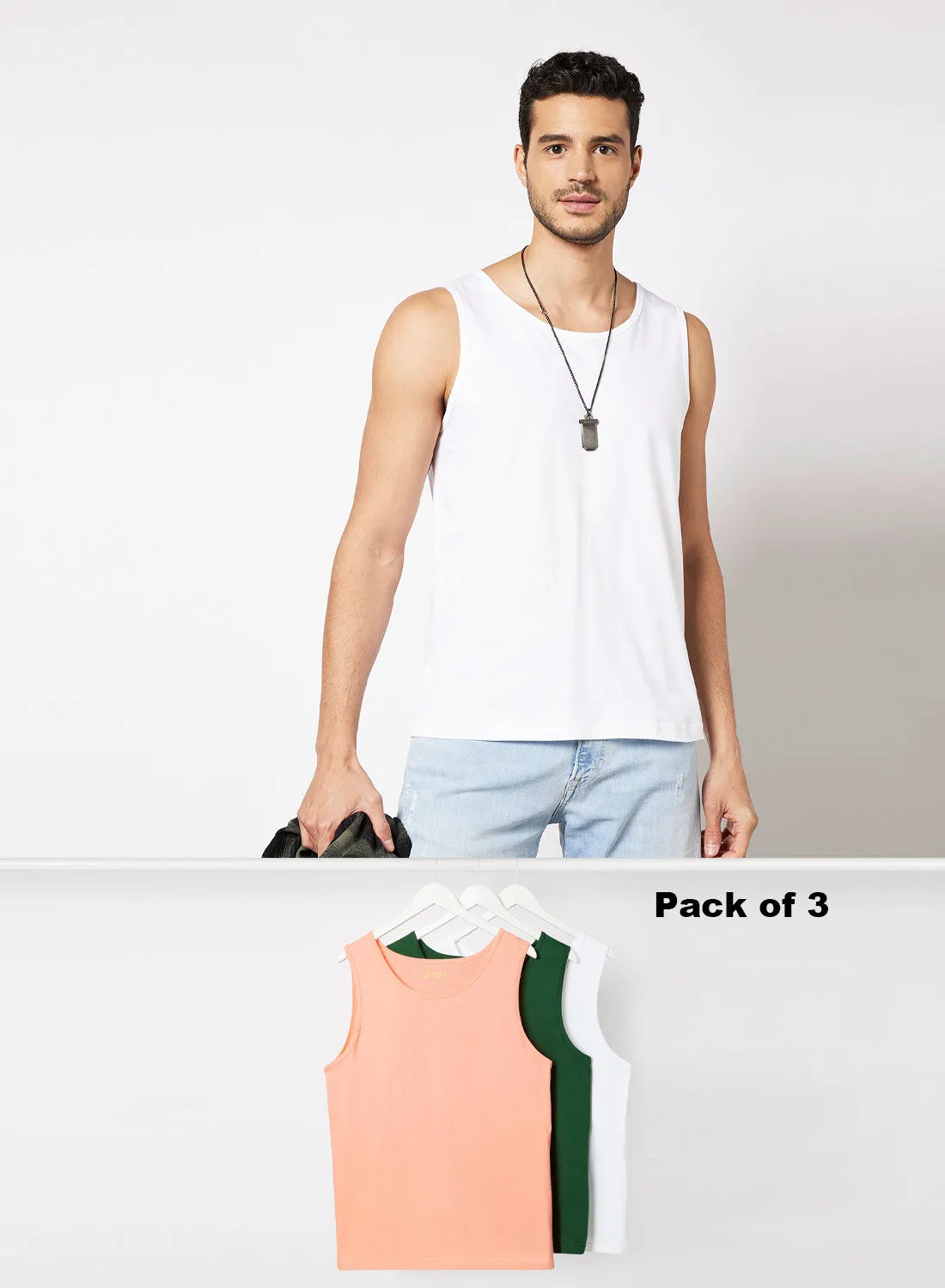 Noon East 3 Pack Of Men’s Designer Modern Fit Solid Innerwear Vest Dark Green/Pink/White