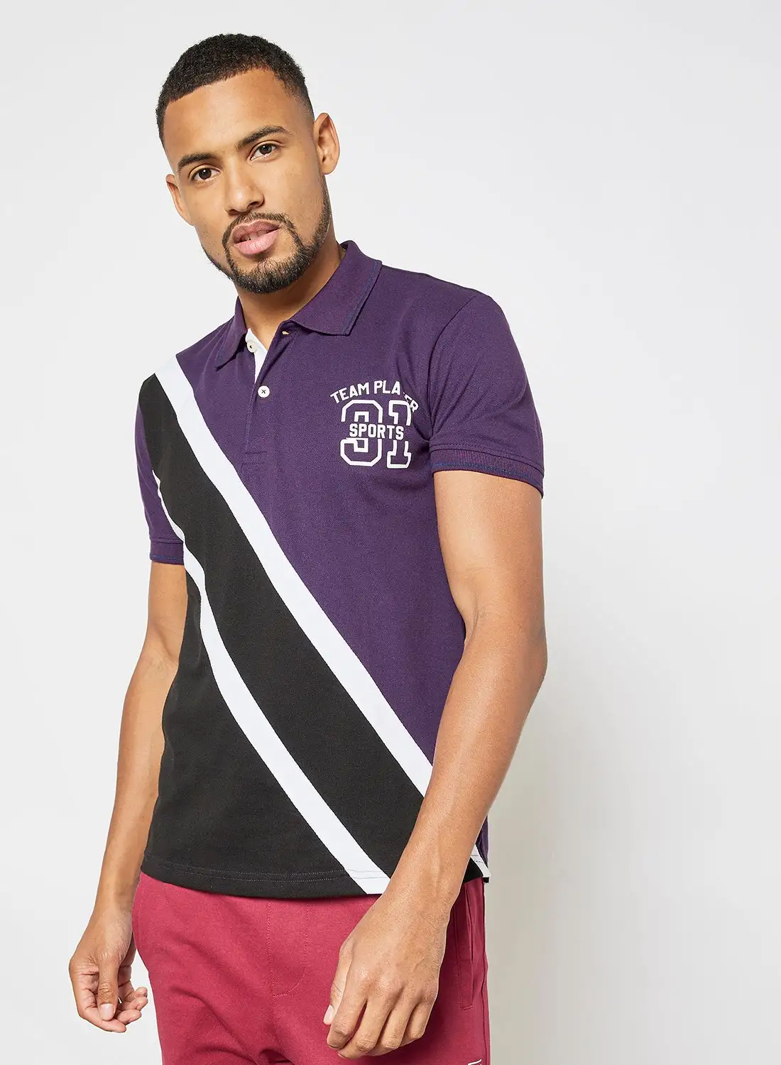 ABOF Colourblock Pattern Casual Slim Fit Polo Purple/Black