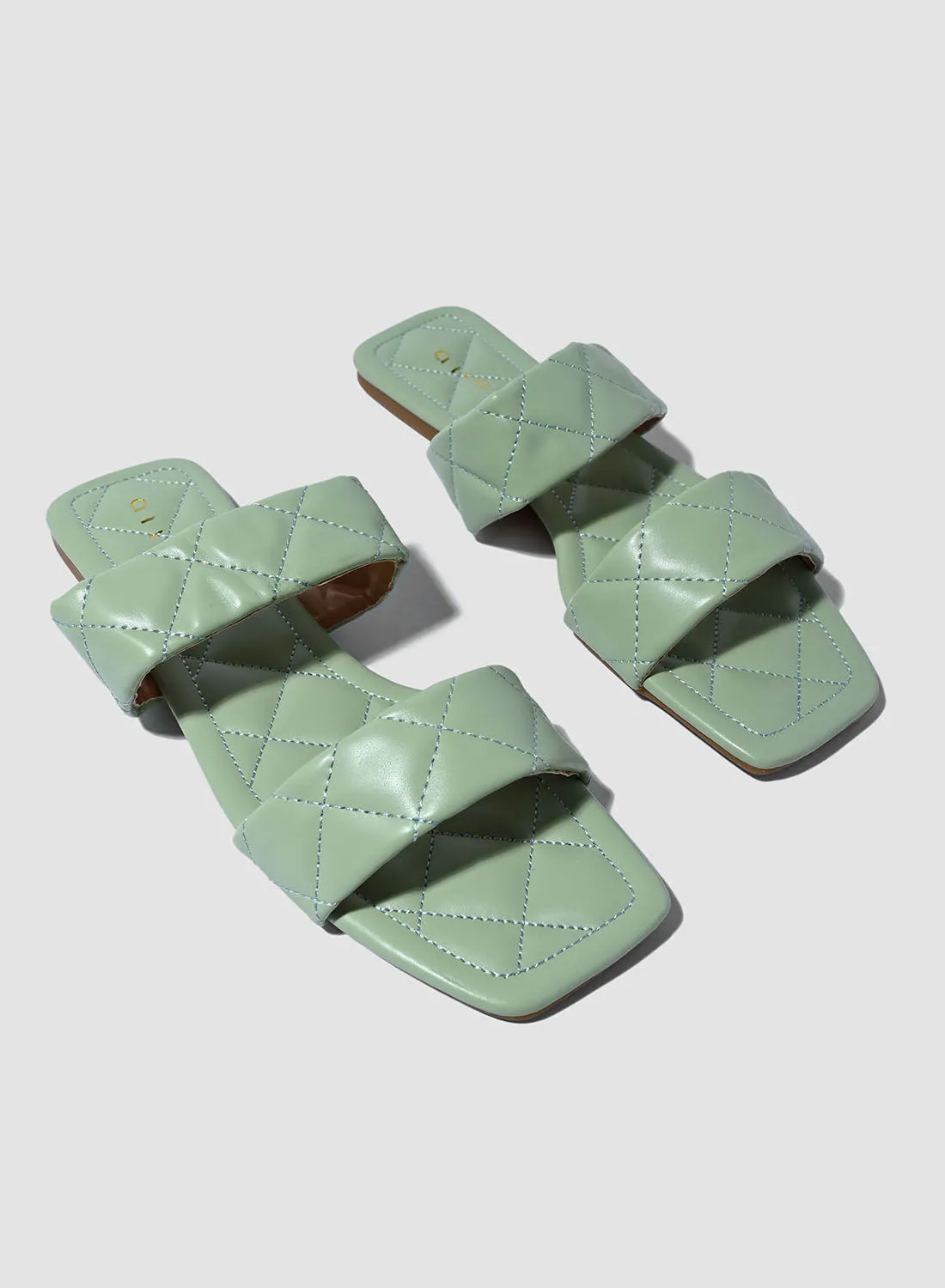 Aila Checkered Stitch Detail Flat Sandals Mint