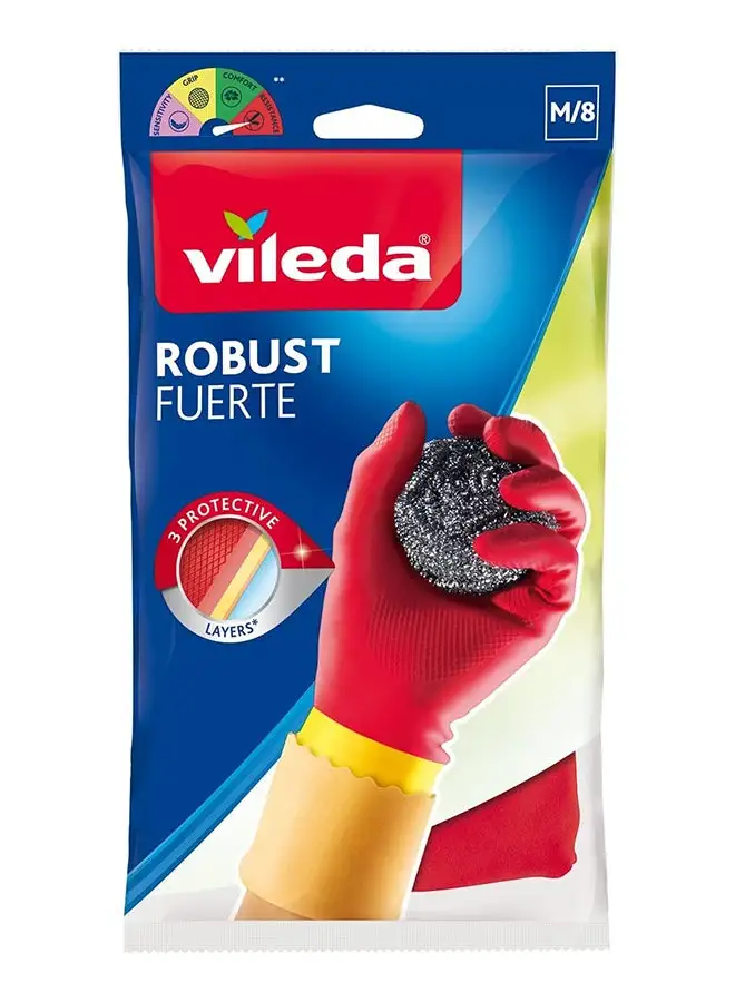 Vileda Robust (Protection) Rubber Gloves M, Reusable, Comfort Plus Lining, Latex And Neoprene, Heavy-Duty, Medium Size, Red & Yellow (1 Pair Per Pack) Red/Yellow M