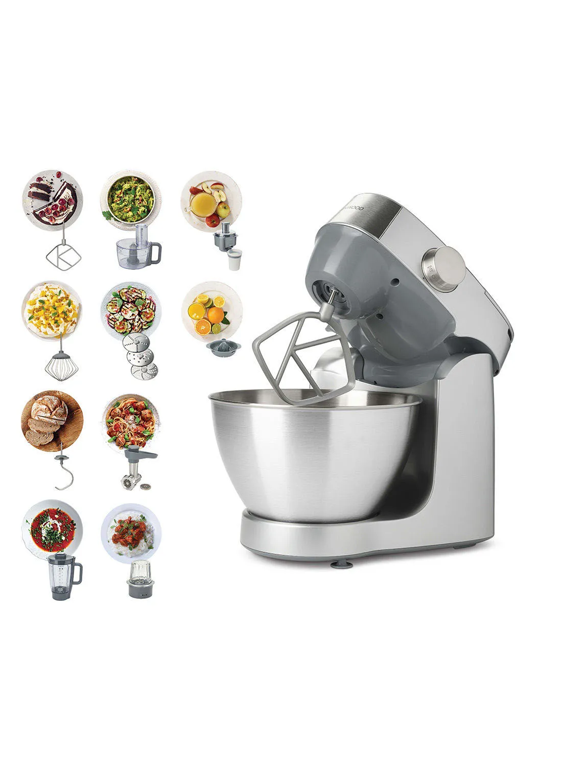 KENWOOD Stand Mixer Kitchen Machine Prospero+  With  SS Bowl, K-Beater, Whisk, Dough Hook, Glass Blender, Food Processor, Meat Grinder, Grinder Mill, Juicer, Citrus Juicer 4.3 L 1000 W KHC29.W0SI Silver