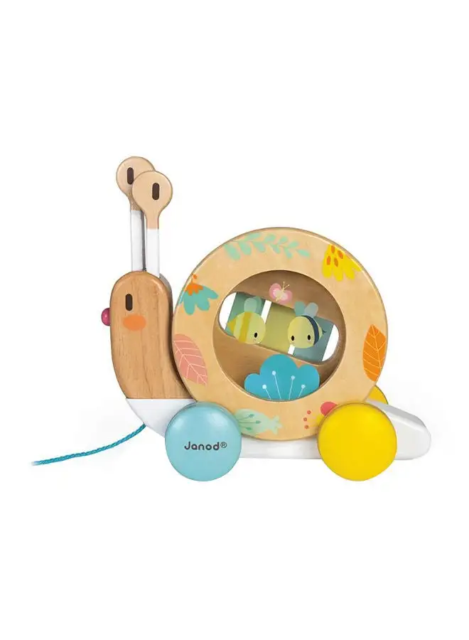 Janod Wooden Pure Pull-along Snail - Wooden Toy With Xylophone and Tambourine With Water Based Paint, From Age 1 Year Old