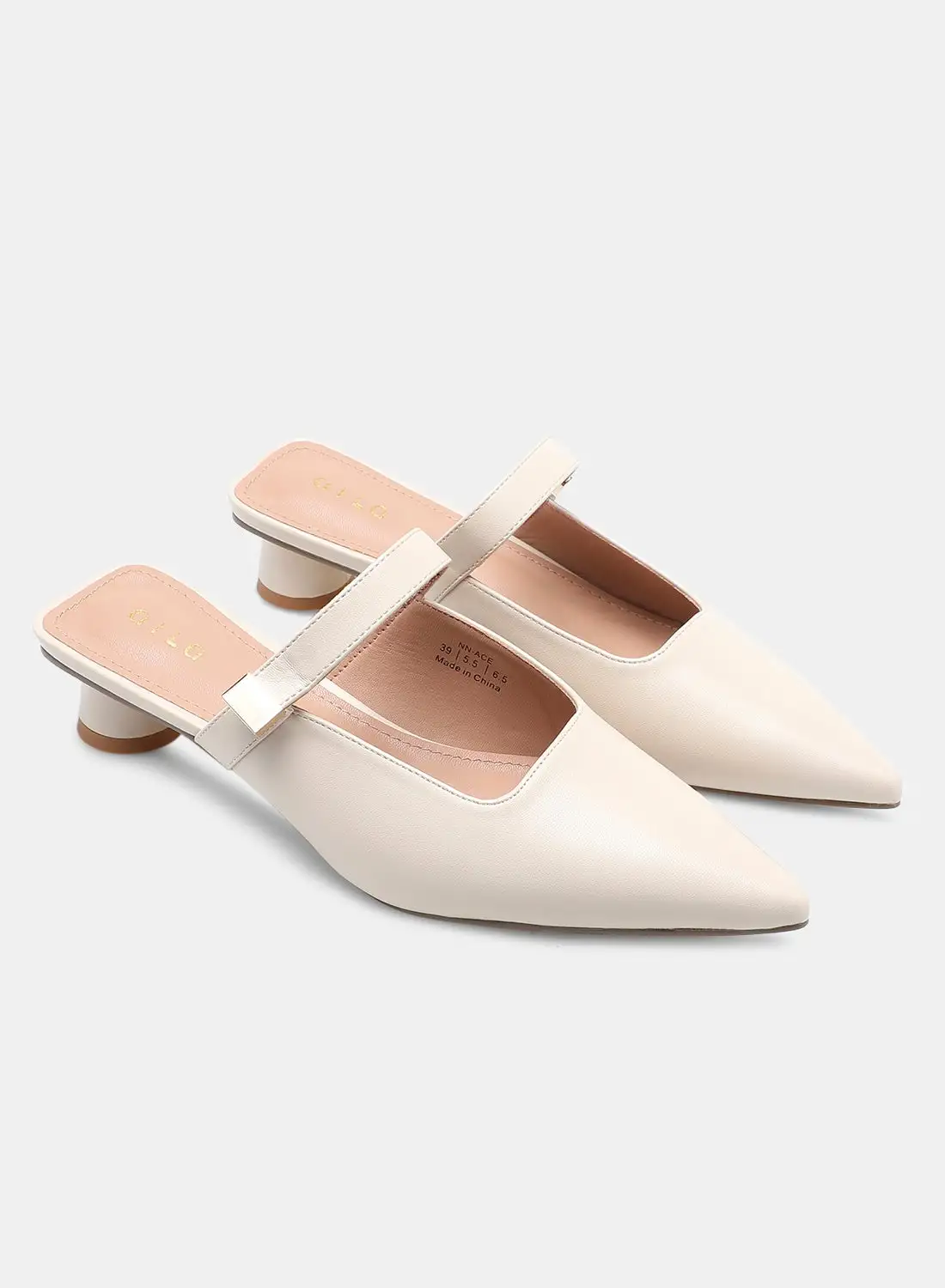 Aila Solid Pattern Pointed Toe Mules Beige