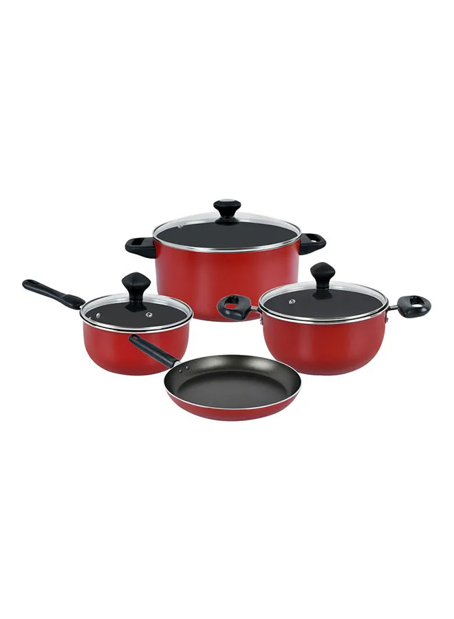 Prestige 7-Piece Non-Stick Cast Aluminium Induction Base Cookware Set Includes 1x Sauce Pan With Lid, 1x Small Casserole With Lid ,1x Large Casserole With Lid, 1x Fry Pan Red/Black 24cm