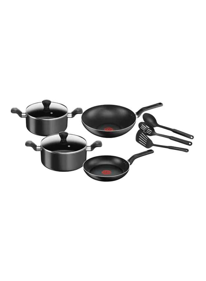 Tefal 9-Piece Aluminum Super Cook Non-Stick Cookware Set Includes Wokpan 28 cm, Stewpot 22 cm, Stewpot 24 cm, 2 Lids, 1 Spatula, 1 Spoon, 1 Slotted Spoon & Frypan Black 24cm