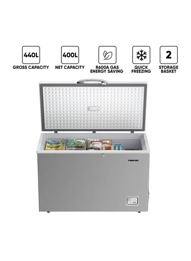 NIKAI 440L Gross / 400L Net, Single Door Chest Freezer With Storage Basket, High Energy Efficiency Cooling System, Adjustable Temperature, Child Lock, Silent Operation, Ideal For Home And Restaurants 440 L 620 kW NCF440N7S Silver