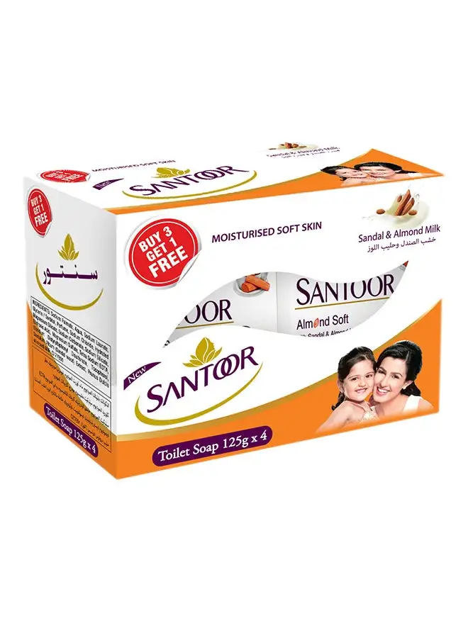 Santoor Soap With Sandalwood And Almond Milk Soap 125g, (3+1 Free)