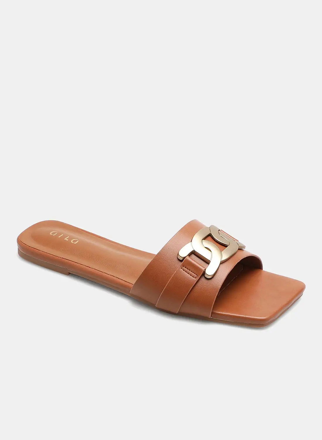 Aila Buckle Detail Strap Slides Tan/Gold