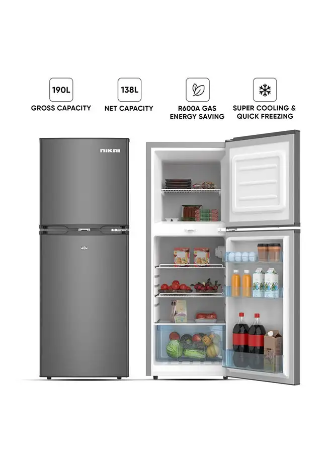 NIKAI 190L Gross / 138L Net, Double Door Refrigerator With Vegetable Crisper And Adjustable Glass Shelves, Convenient Defrosting And Temperature Control, Ideal For Kitchen, Bedroom, Office And Hotels 138 kW NRF190DN4S Grey