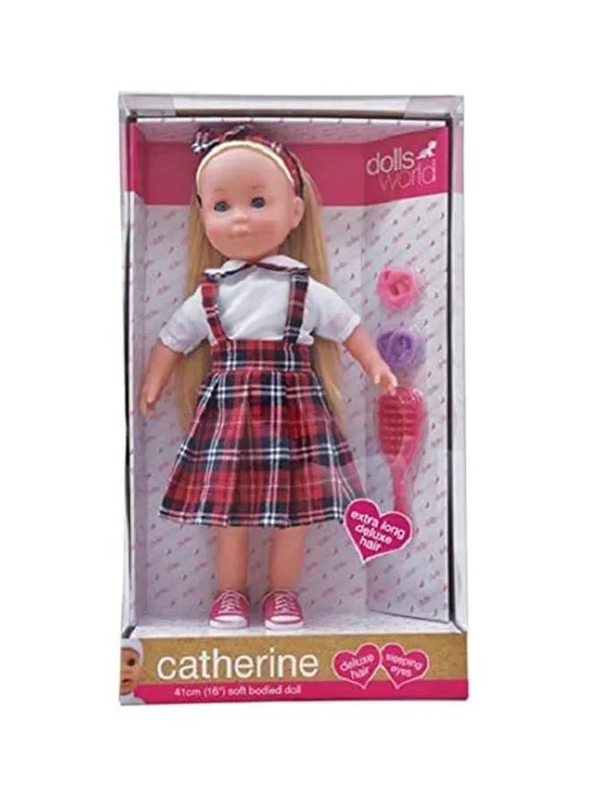 dolls world Catherine Deluxe Long Brown Hair Soft Bodied Girl Doll With Checks Outfit 27x47.5x11.7cm