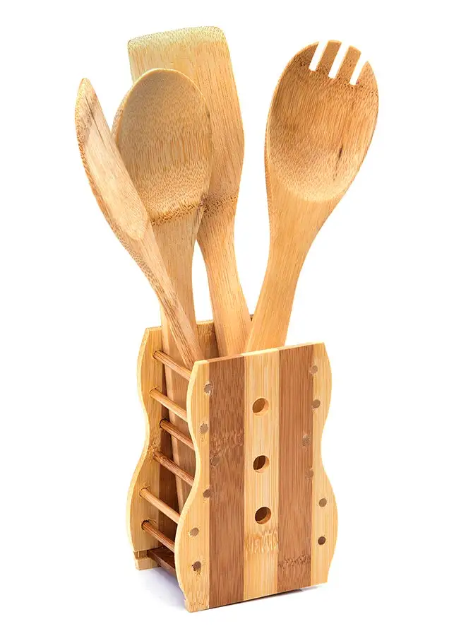 Royalford 5-Piece Cooking Spoon With Holder Set Beige 30 x 6 x 0.5cm