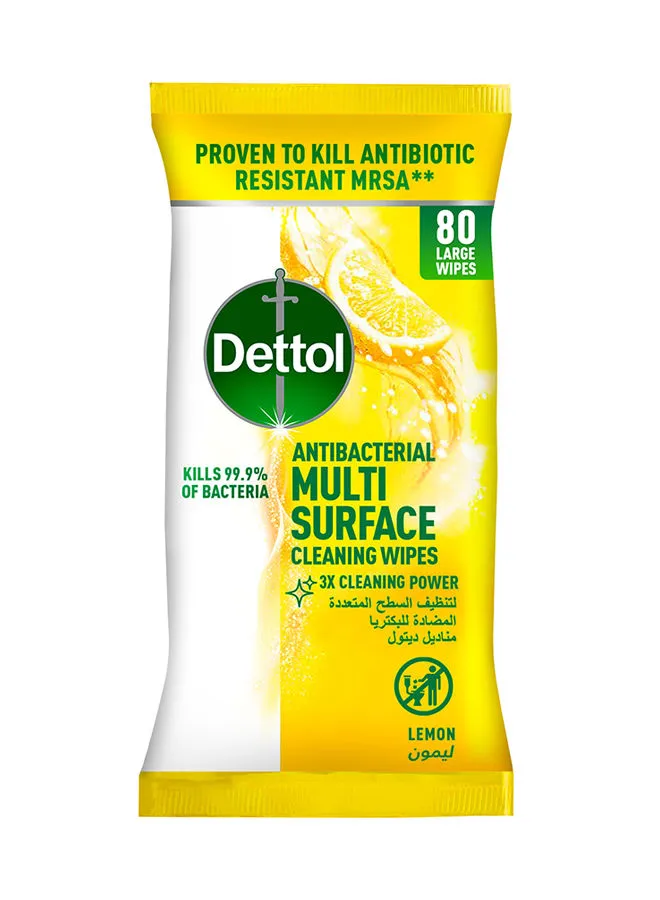 Dettol Lemon Antibacterial Multi Surface Cleaning Large Wipes With Resealable Lid,80 Count Multicolour