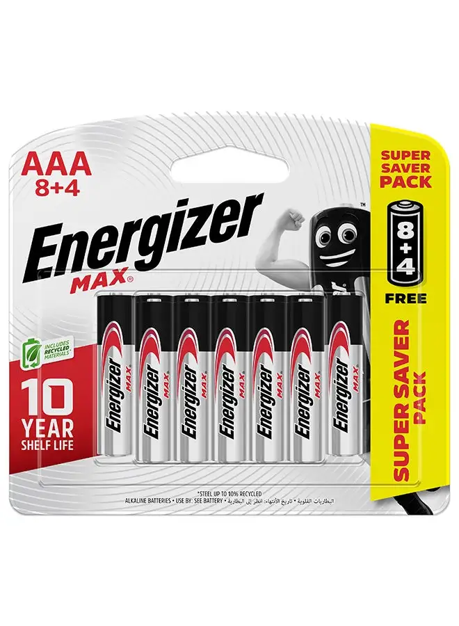 Energizer Energizer Max 1.5V Alkaline batteries - AAA  Promo Pack Of 8+4 Silver/Black/Red