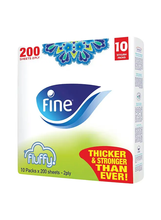 Fine Fluffy Sterilized Facial Tissues, 2 Ply, 200 Sheets, Pack Of 10 White 210x193mm