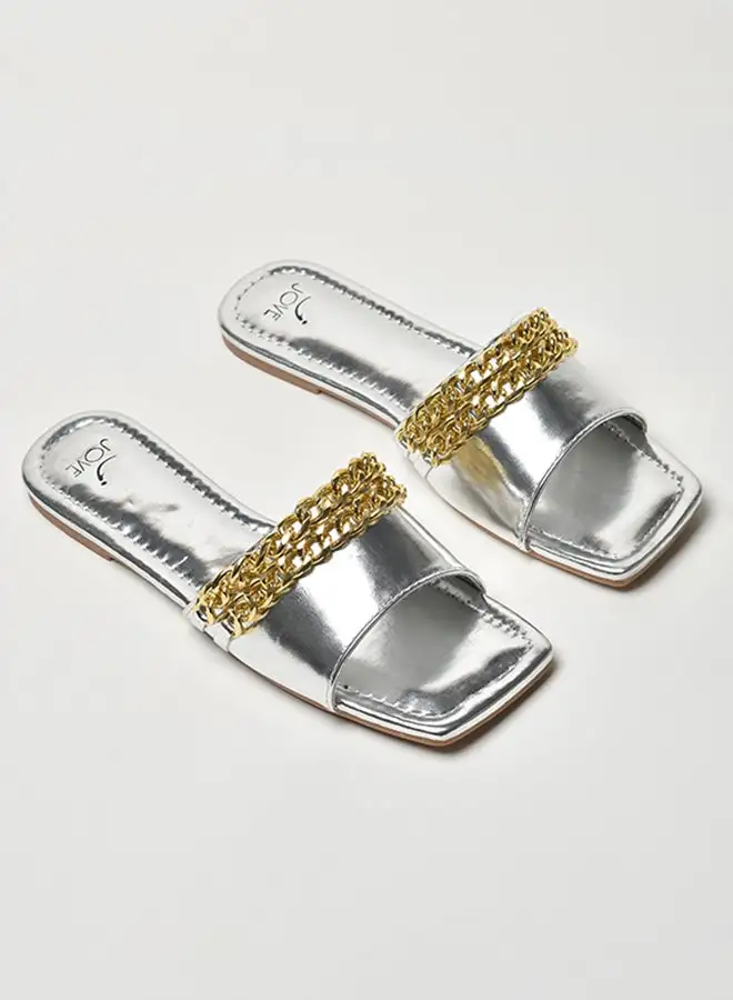 Jove Chain Embellished Broad Strap Slip-On Flat Sandals Silver/Gold