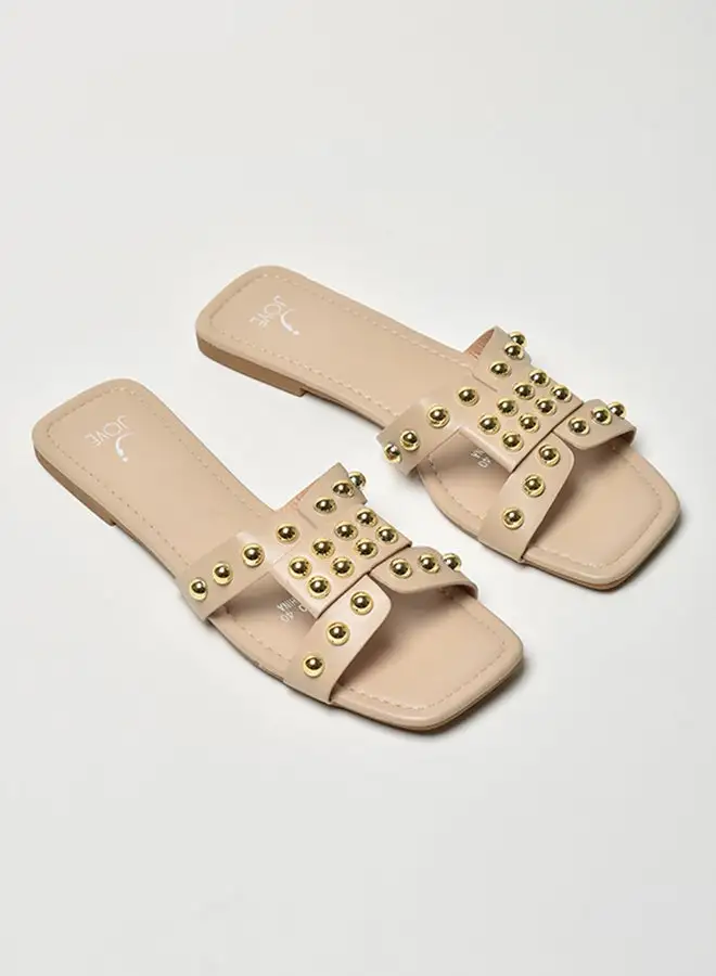 Jove Stone Embellished Broad Strap Flat Sandals Beige/Gold