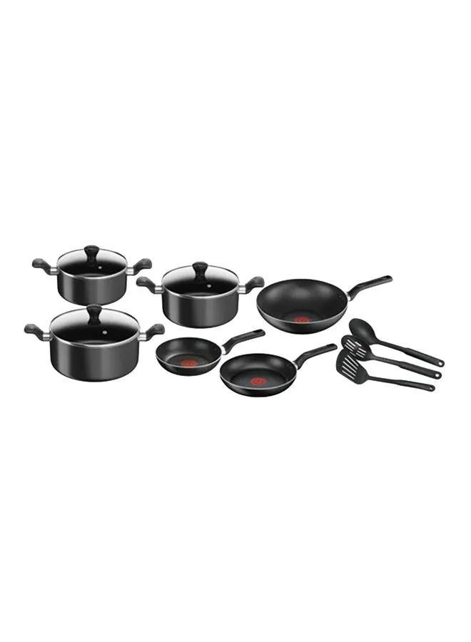 Tefal 12-Piece Non Stick Aluminium Dishwasher Safe & Durable Premium Quality Cookware Set Includes 2 Fry Pans 22/24cm, Wok Pan 28cm, 3 Stew Pots With lids 22/24/28cm, Spatula, Spoon And Slotted Spoon Black 24cm