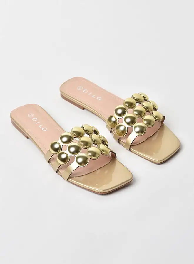 Aila Stone Embellished Strap Flat Sandals Gold