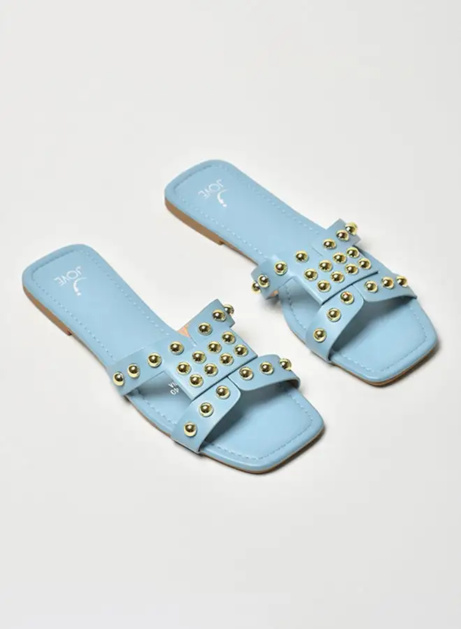 Jove Stone Embellished Broad Strap Flat Sandals Blue/Gold