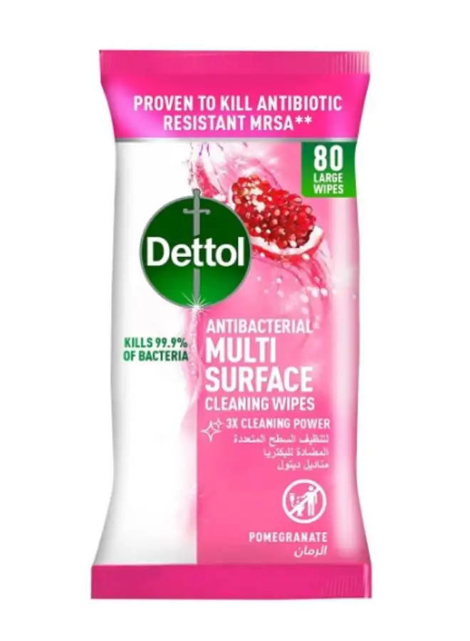 Dettol Pomegranate Antibacterial Multi Surface Cleaning Large Wipes With Resealable Lid, 80 Count Multicolour