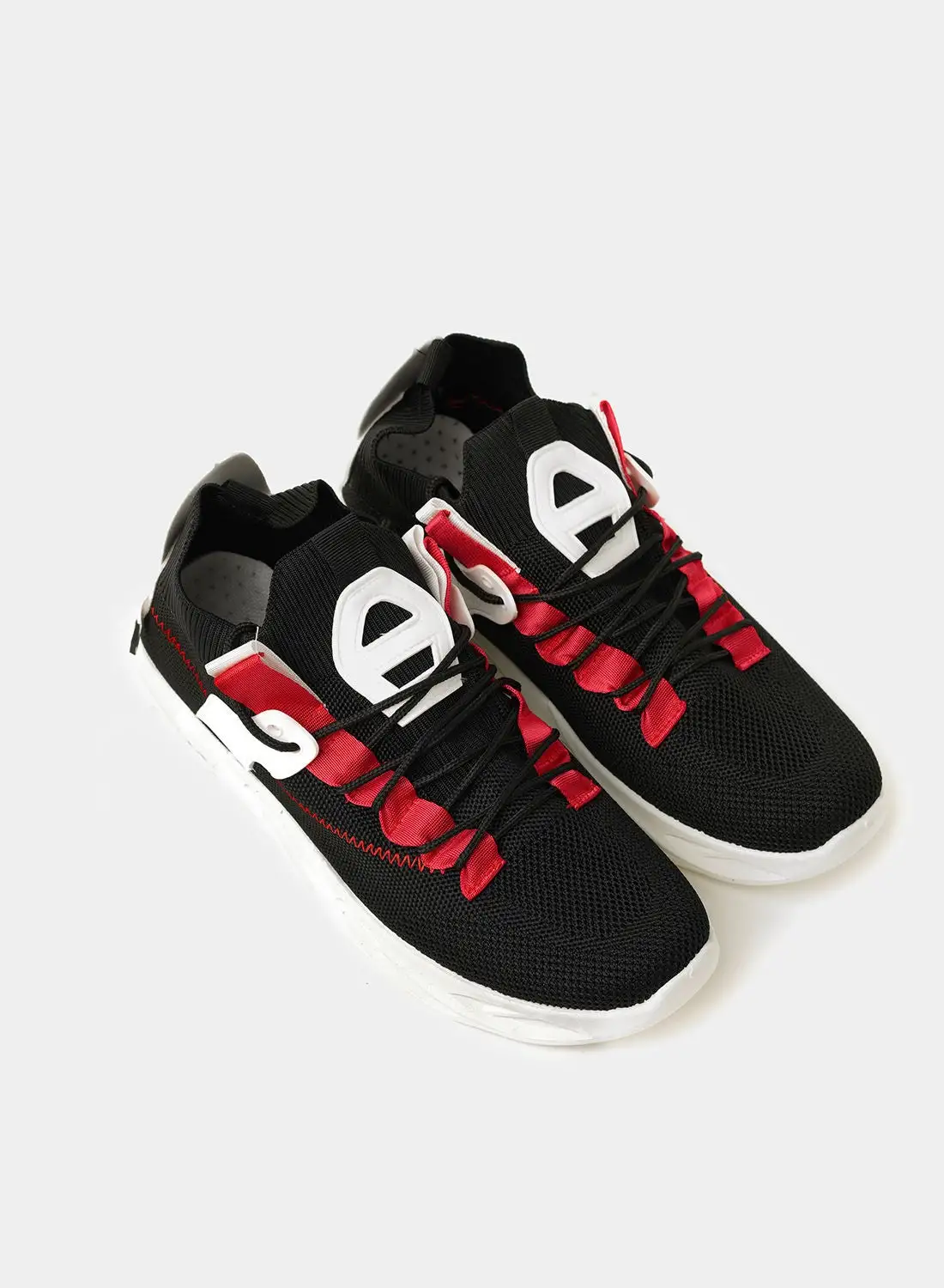 QUWA Mesh Detail Lace-Up Low Top Sneakers Black/Red/White