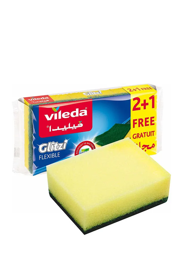 Vileda Glitzi Flexible Scourer Sponge, Antibacterial, Multi-purpose, Yellow & Green, 2+1 Pcs Green