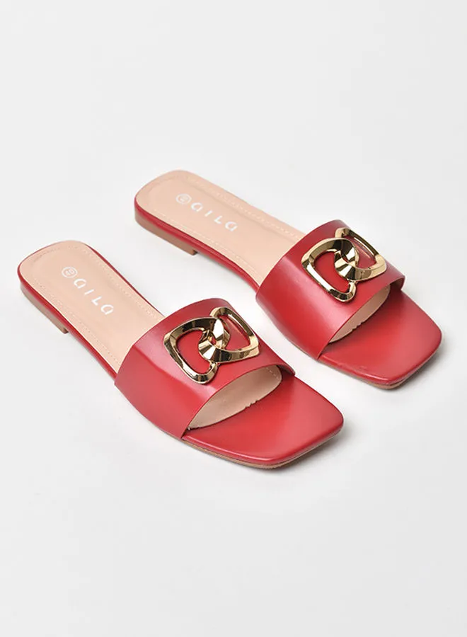 Aila Heart Embellished Strap Flat Sandals Maroon