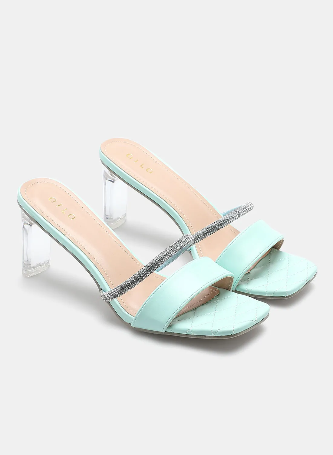 Aila Stone Embellished Strap Heeled Sandals Sky Blue/Silver