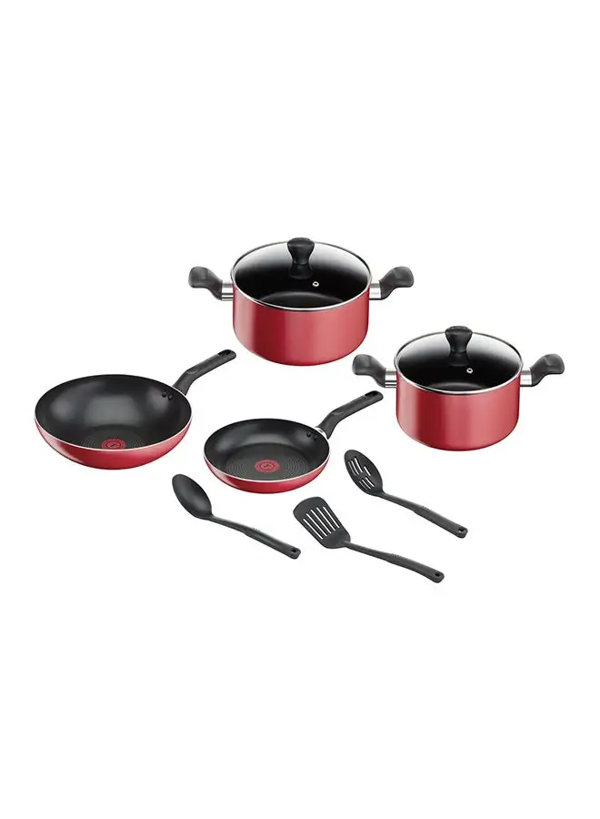 Tefal 9-Piece Non-Stick Lightweight Durable And Premium Quality Cookware Set Includes 2 x Pots (22cm,24cm), 2 x Lids, 2 x Fry Pan (24cm,28cm) 1 x Wok Pan Spatula, 1 x Spoon, 1 x Slotted Spoon Red/Black 24cm