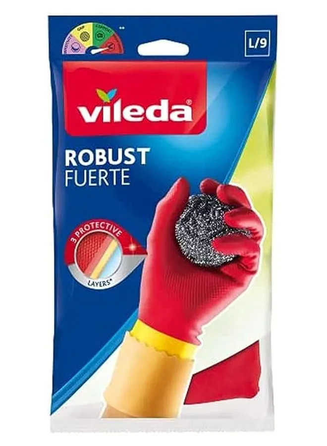 Vileda Robust (Protection) Rubber Gloves L, Reusable, Comfort Plus Lining, Latex And Neoprene, Heavy-Duty, Large Size, Red & Yellow (1 Pair Per Pack) Red/Yellow Large