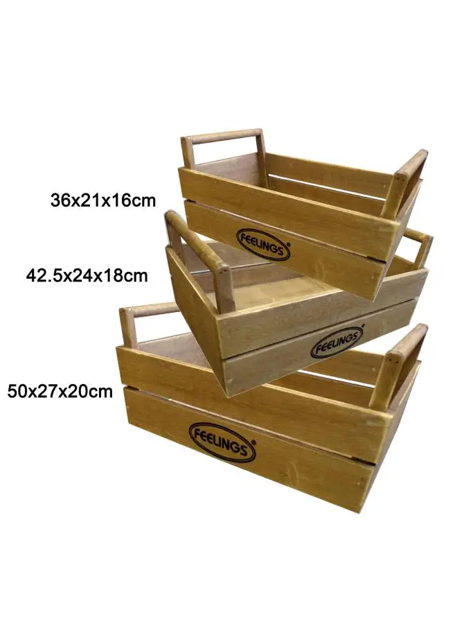 Feelings 3pcs Wooden Storage Crate with Handle Box Set Brown 36x21x16/42.5x24x18/50x27x20cm