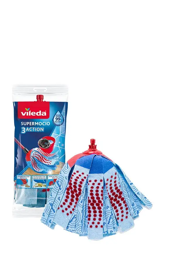 Vileda 3action Supermocio Floor Mop Refill, Multi-Use, Red Stain Eraser, Blue Microfiber, 3D Red Stain Blue XL